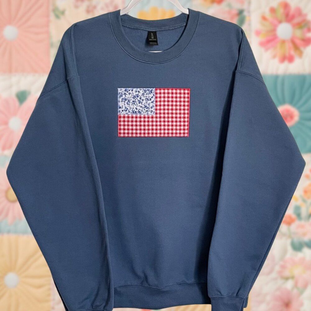 Patchwork Flag Gingham Floral Large Indigo Blue E… - image 1